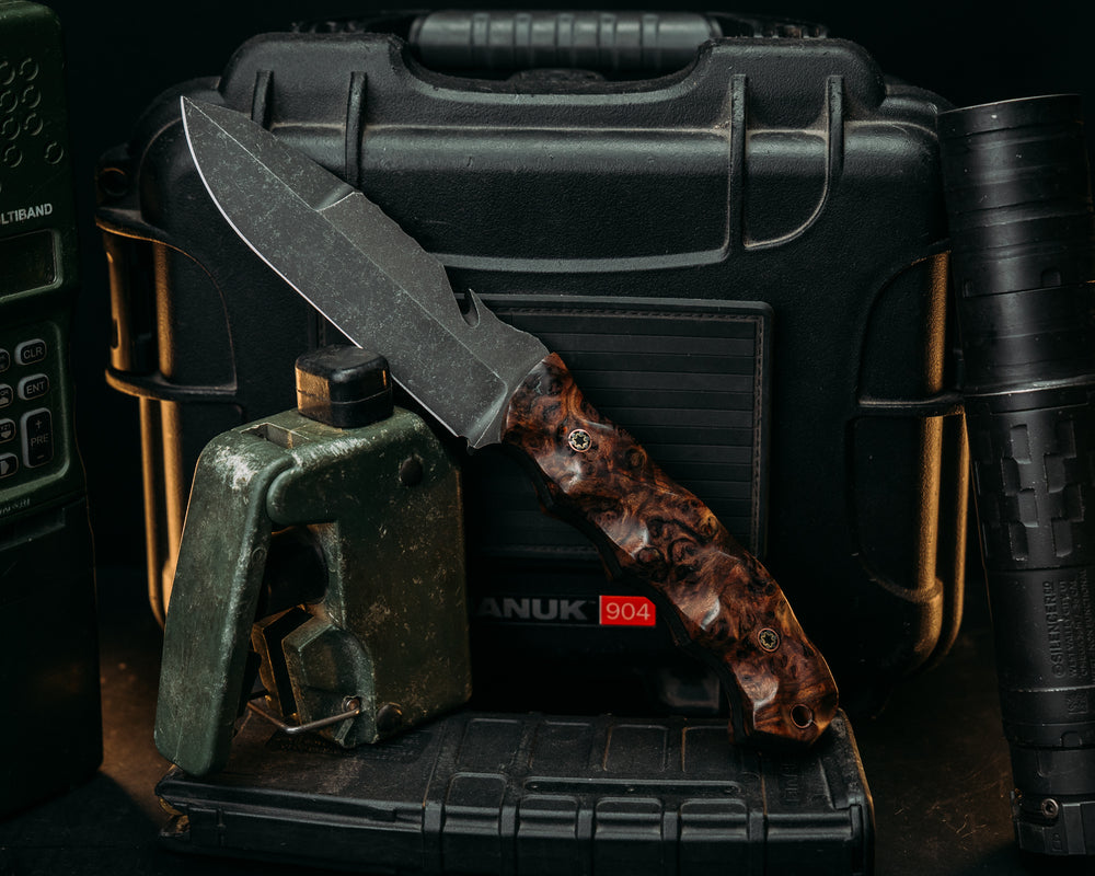 Notched Wire Cutter Breacher Gen 3- Honduran Mahogany, Mosaic Pins, Copper Lanyard Pin, Textured Grip