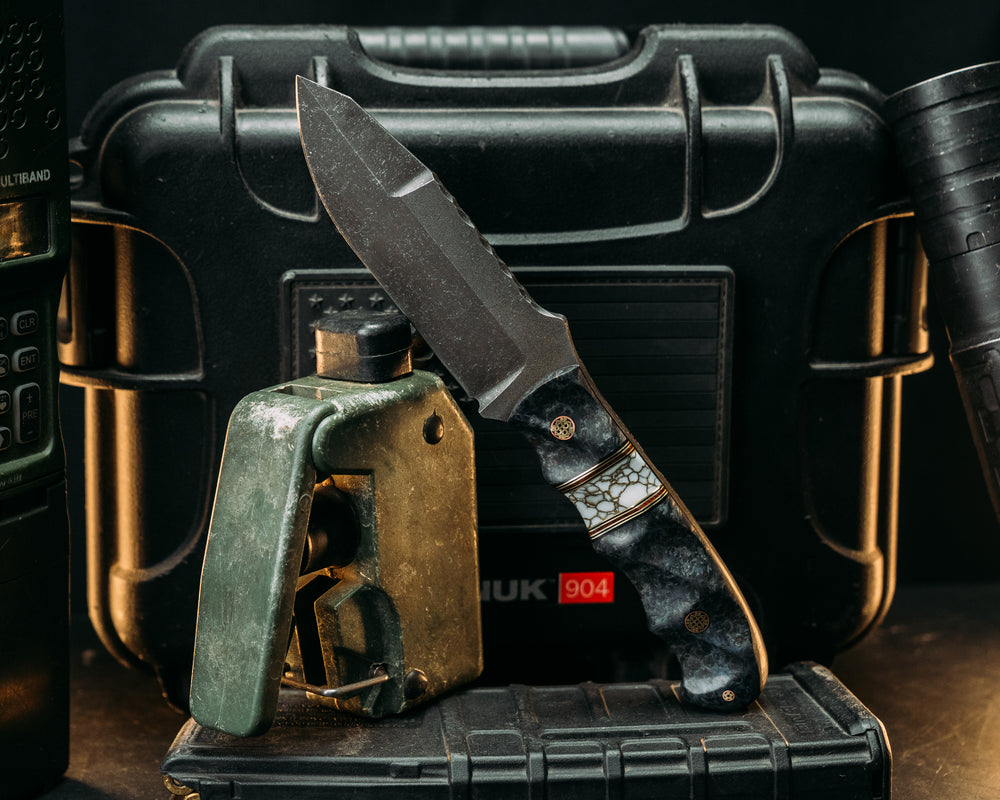 Disaster Jr Gen 3-  Dyed Redwood, Black & Red G10 w/ Brass Pin Striping, White w/ Gold Web Tru Stone, Mosaic Pins, Textured Grip.