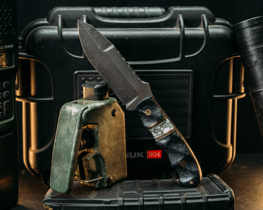 Disaster Jr Gen 3-  Dyed Redwood, Black & Red G10 w/ Brass Pin Striping, White w/ Gold Web Tru Stone, Mosaic Pins, Textured Grip.
