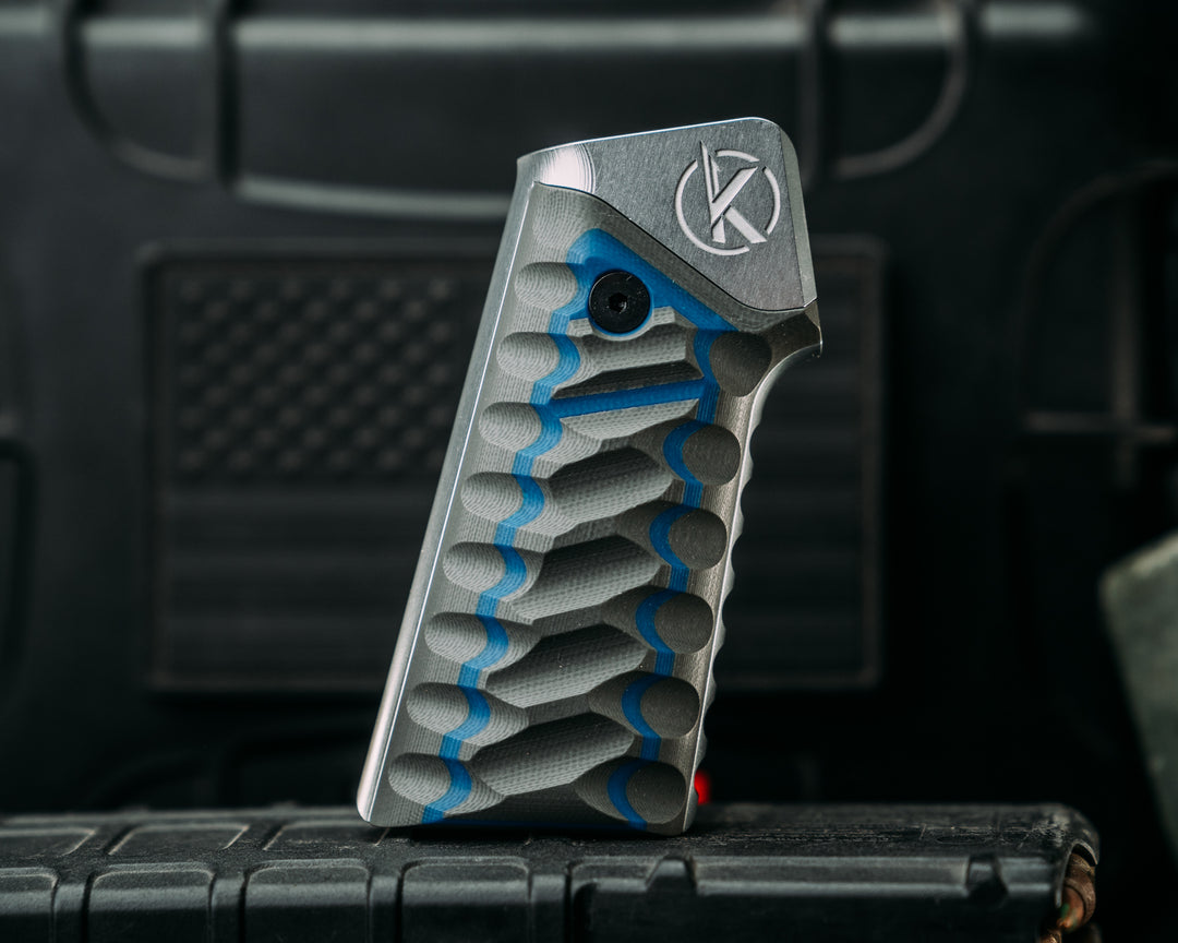 HFB x Kinetic AR Grip System - Gray & Blue G10, Clear Anodization, Snake Grip.