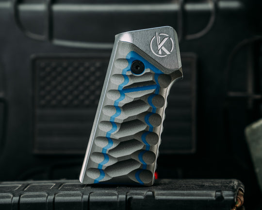 HFB x Kinetic AR Grip System - Gray & Blue G10, Clear Anodization, Snake Grip.