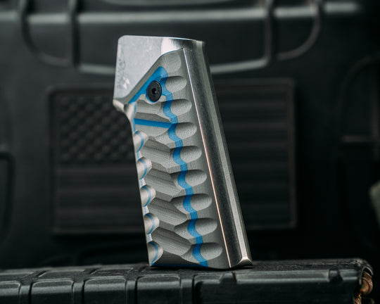 HFB x Kinetic AR Grip System - Gray & Blue G10, Clear Anodization, Snake Grip.
