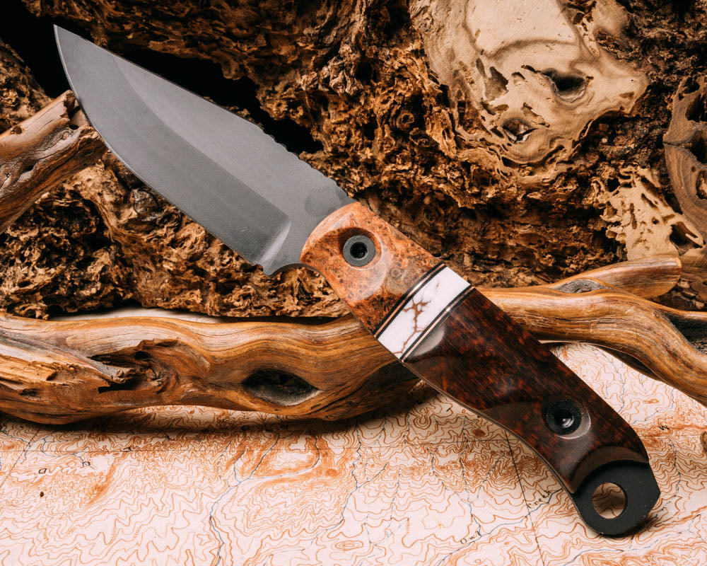 Crow Jr, dyed maple burl, copper and black G10 pin striping, white with copper matrix Tru-stone split, snakewood, armor black cerakote, allen bolts, grooved grip