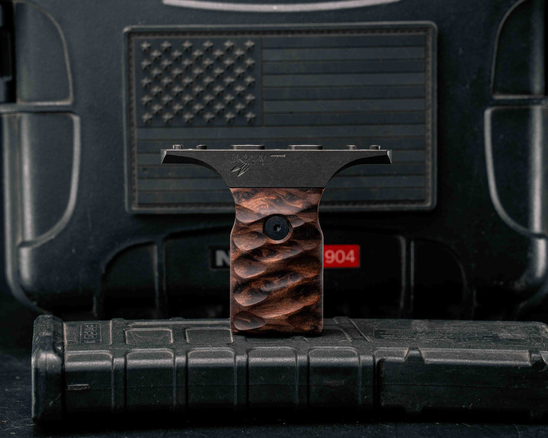 HFB x Kinetic Fore Grip - Redwood Burl on Fire Canvas Micarta, Anodized Grey Frame, Snake Textured Grip