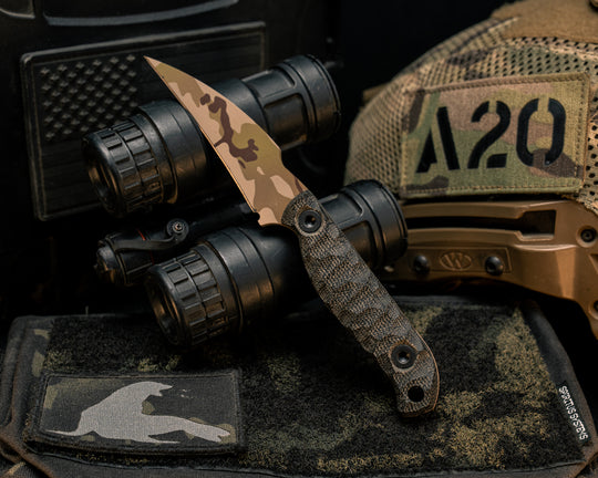 Gula Gula- Black Canvas Micarta, Multicam Cerakote, Allen Bolts, Textured Grip