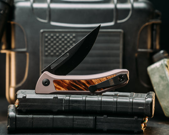 Custom Kwaiken Folder- Hawaiian Culry Koa, Anodized Gray Handle, Black Nitride Blade, Smooth Grip, Deep Carry Pocket Clip