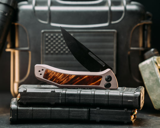 Custom Kwaiken Folder- Hawaiian Culry Koa, Anodized Gray Handle, Black Nitride Blade, Smooth Grip, Deep Carry Pocket Clip