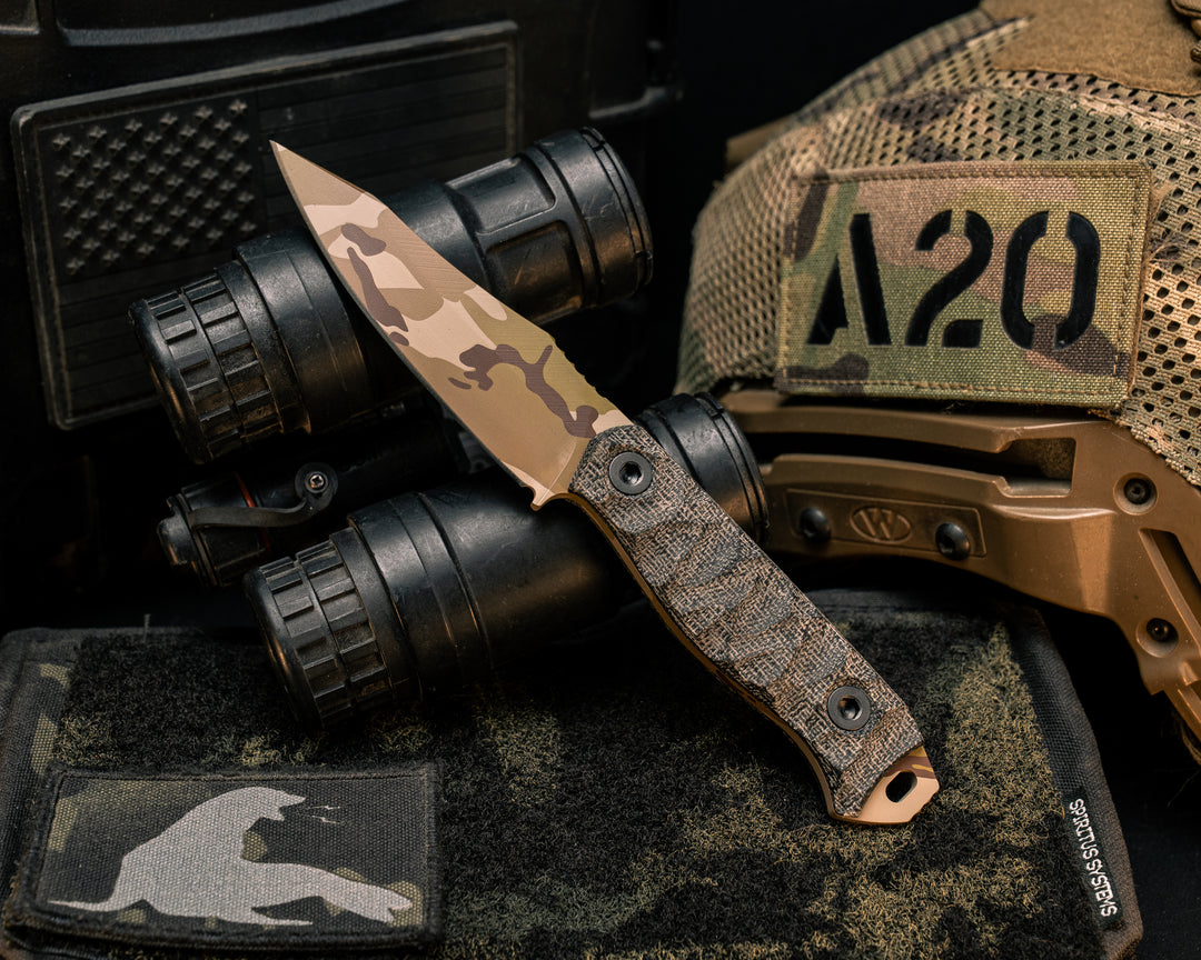 Field Knife Jr- Black Canvas Micarta, Arid Multicam Cerakote, Allen Bolts, Textured Grip