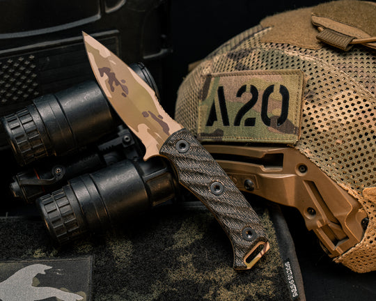 Ishi - Black Canvas Micarta, Arid Multicam Cerakote, Allen Bolts, Textured Grip