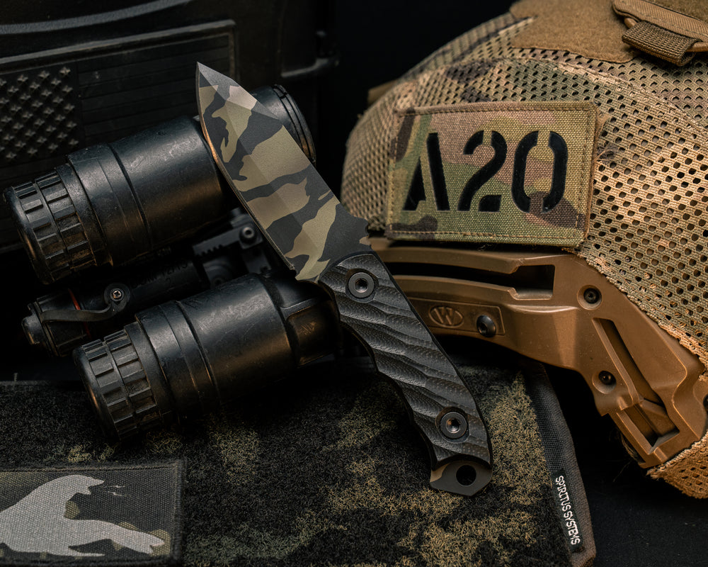 Disaster Cub- Black G10, Tiger Stripe Cerakote, Allen Bolts, Textured Grip