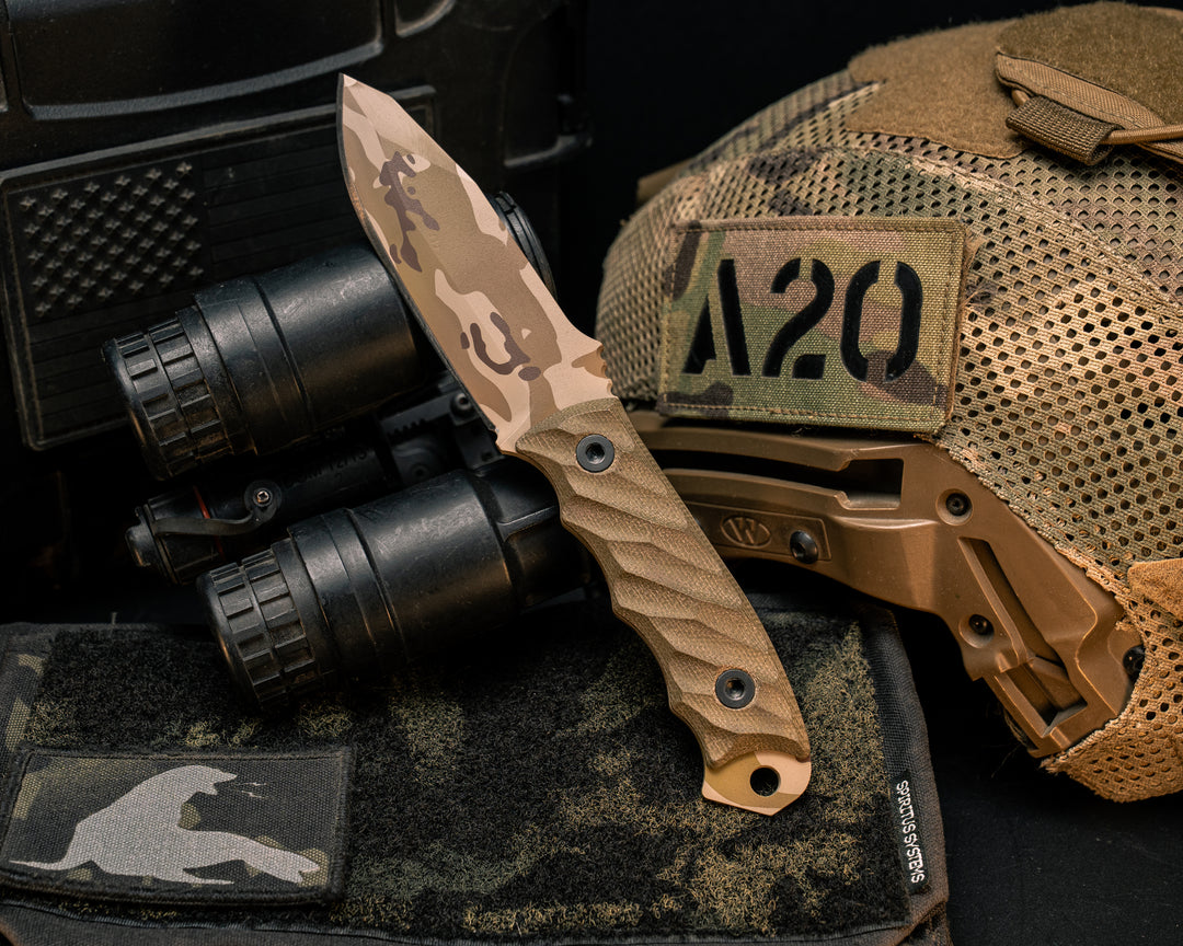 Disaster Jr- OD Green Canvas Micarta, Arid Multicam Cerakote, Allen Bolts, Textured Grip