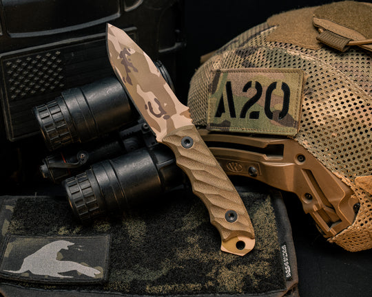 Disaster Jr- OD Green Canvas Micarta, Arid Multicam Cerakote, Allen Bolts, Textured Grip