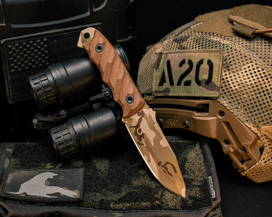 Disaster Jr- Natural Canvas Micarta, Arid Multicam Cerakote, Allen Bolts, Textured Grip