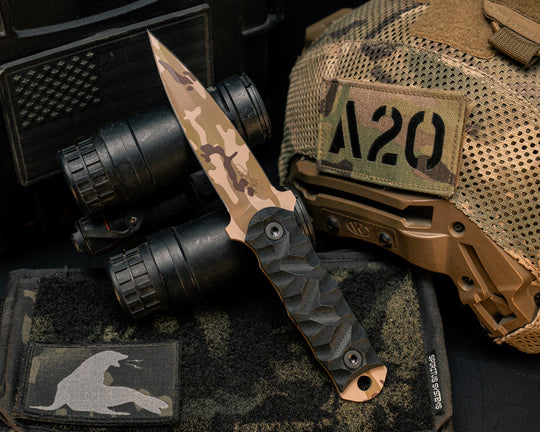 Combat Dagger- Black G10, Arid Multicam Cerakote, Allen Bolts, Textured Grip