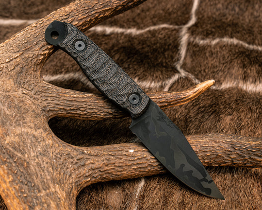 Crow Scalper- Black Canvas Micarta, Black Multicam Cerakote, Allen Bolts, Textured Grip