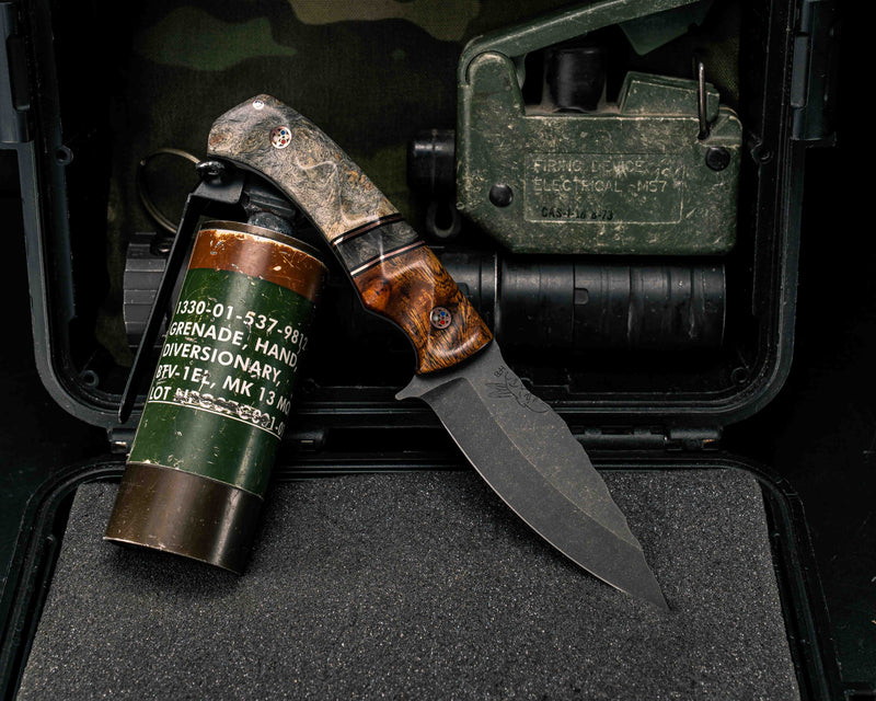 Ishi- Desert Ironwood, Black G10 and Copper Pin Striping, Dyed Maple Split, Buckeye Burl, Copper Patriot Mosaic Pins, Textured Grip