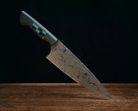 Chef Blade- Black G10, Copper and Black G10 Pin Striping, Black with Copper Web Tru-stone and Turquoise with Copper Web Tru-stone Split, CF Pins, Smooth Grip