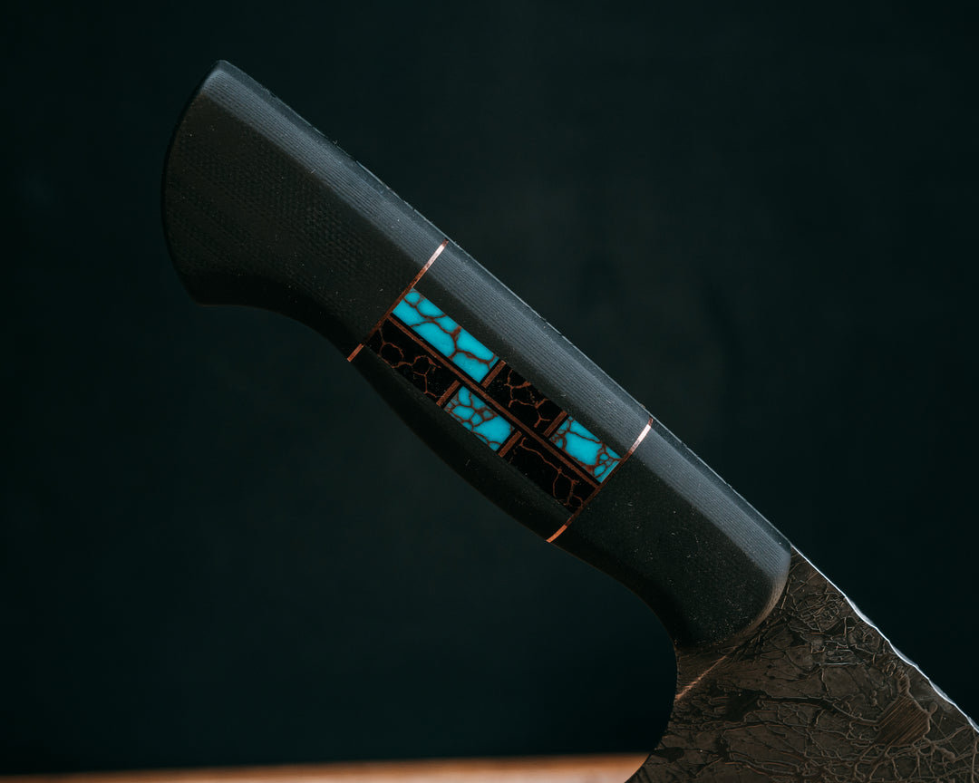 Chef Blade- Black G10, Copper and Black G10 Pin Striping, Black with Copper Web Tru-stone and Turquoise with Copper Web Tru-stone Split, CF Pins, Smooth Grip