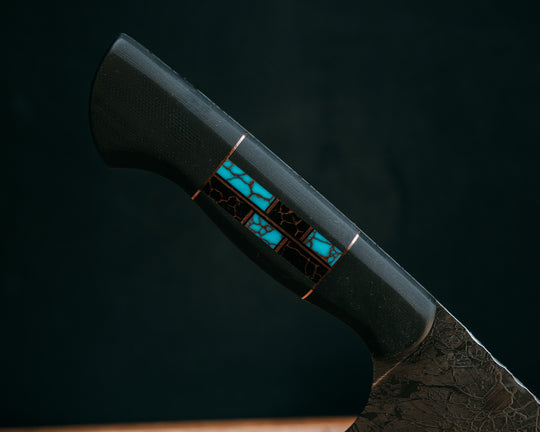 Chef Blade- Black G10, Copper and Black G10 Pin Striping, Black with Copper Web Tru-stone and Turquoise with Copper Web Tru-stone Split, CF Pins, Smooth Grip