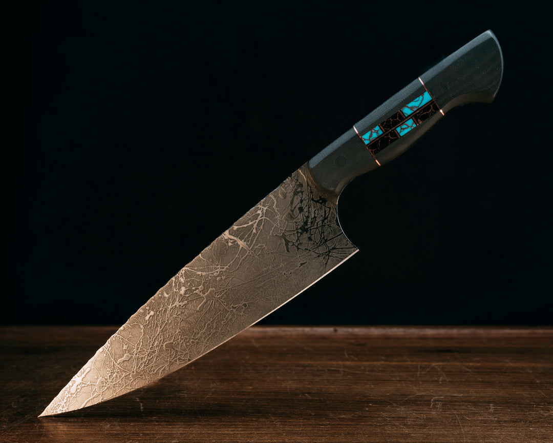 Chef Blade- Black G10, Copper and Black G10 Pin Striping, Black with Copper Web Tru-stone and Turquoise with Copper Web Tru-stone Split, CF Pins, Smooth Grip