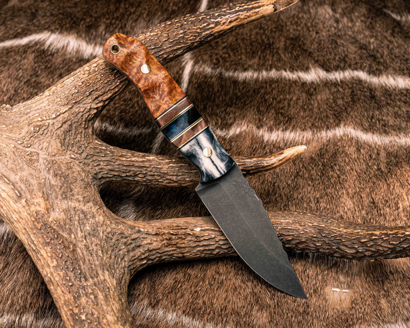 Crow Jr- Giraffe Bone, Black G10 and Brass Pin Striping, Hawaiian Curly Koa and Dyed Maple Split, Afzelia Burl, Brass Pins, Brass Lanyard Pin, Textured Grip