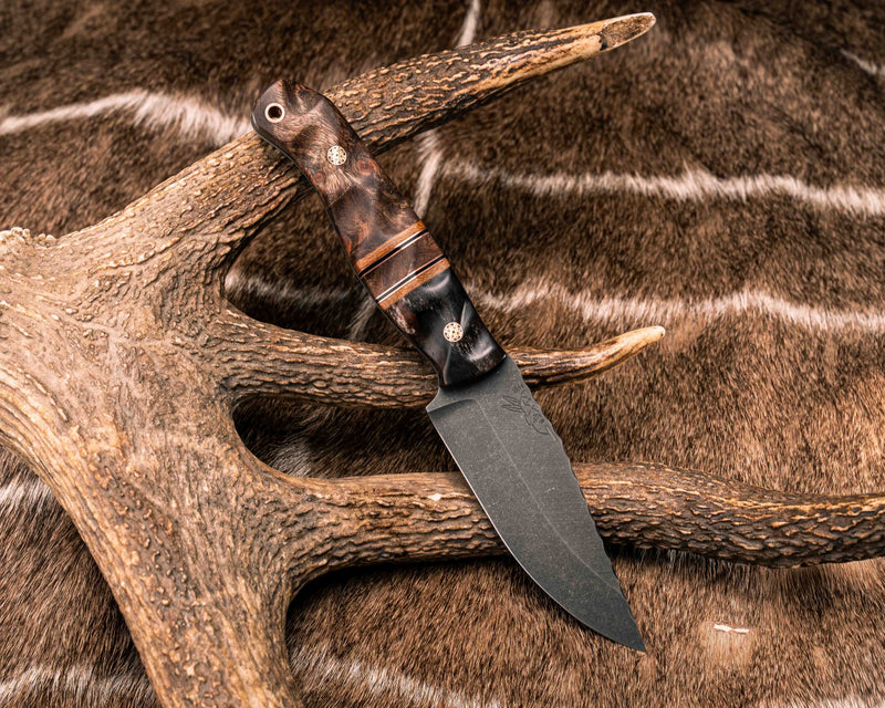 Crow Jr- Dyed Giraffe Bone, Natural Canvas Micarta, Copper, Black G10 and Mesquite Split, Mesquite, Mosaic Pins, Copper Lanyard Pin, Textured Grip