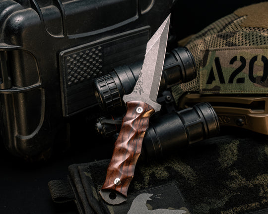 Combat Dirt Nap- Fiddleback Jarrah wood, Mosaic Pins, Textured Grip