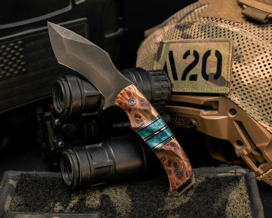 Buteo- Redwood Burl, Black G10 and Aluminum Pin Striping, Chrysocolla Tru-stone Split, Mosaic Pins, Textured Grip