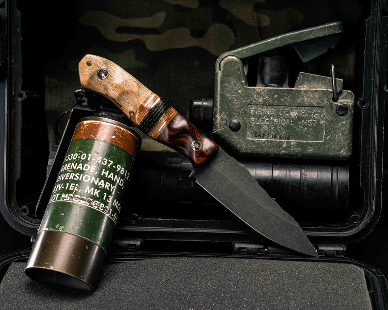 Field Knife Jr- Desert Ironwood, Natural Canvas Micarta, Brass and Layered Black and OD Green Canvas Micarta Split, Spalted Maple, Mosaic Pins, Textured Grip