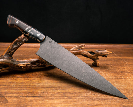 10" Chef Blade- Burlwood and and Black and Grey Pearl Resin, Black G10, Copper and Black Canvas Micarta Split, Hawaiian Curly Koa, Mosaic Pins, Smooth Grip