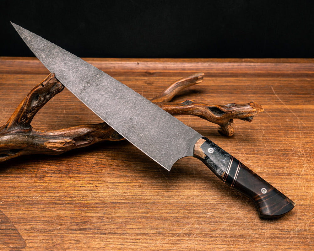10" Chef Blade- Burlwood and and Black and Grey Pearl Resin, Black G10, Copper and Black Canvas Micarta Split, Hawaiian Curly Koa, Mosaic Pins, Smooth Grip