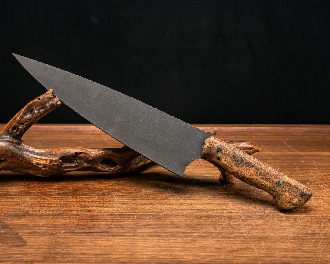 10" Chef Blade- BLack Ash Burl, Black G10 with Copper Liner, Mosaic Pins, Smooth Grip