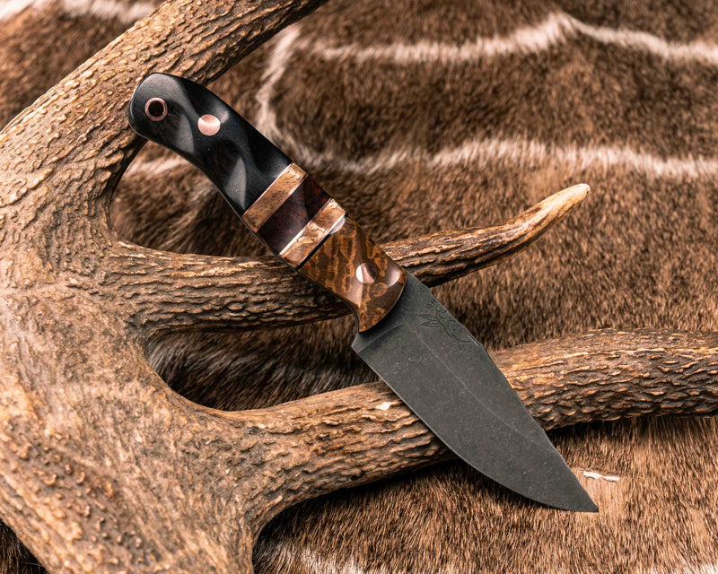 Feather Light- Kenitu, Black G10 and Copper Pin Striping, Hawaiian Curly Koa and Desert Ironwood Split, African Blackwood, Copper Pins, Copper Lanyard Pin, Textured Grip