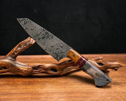 Santoku- Thoya, Black G10, Brass and Aluminum Pin Striping, Red with Gold Web Tru-stone Split, Dyed Maple, Mosaic Pins, Smooth Grip