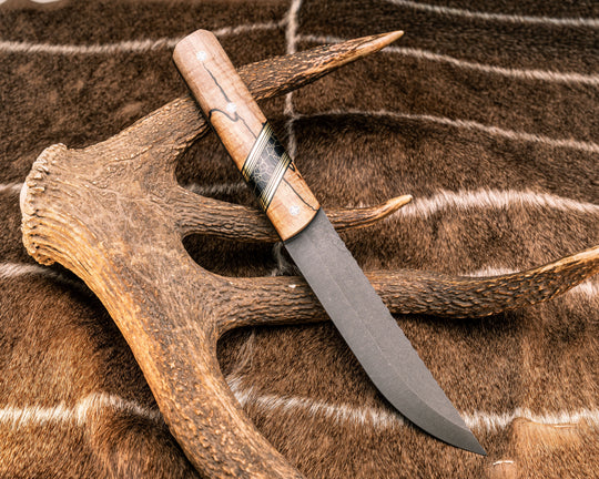 Aikuchi- Spalted Maple, Black G10 and Brass Pin Striping, Black with Gold Web Tru-stone Split, Mosaic Pins, Smooth Grip