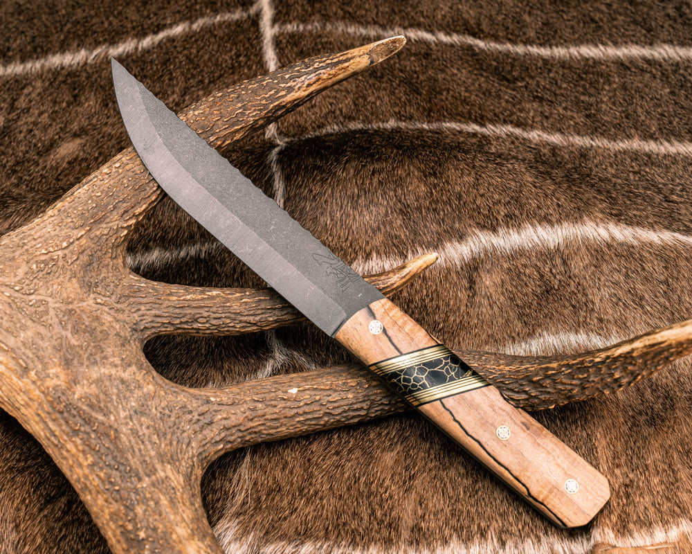 Aikuchi- Spalted Maple, Black G10 and Brass Pin Striping, Black with Gold Web Tru-stone Split, Mosaic Pins, Smooth Grip