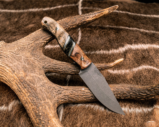 Crow Jr- Mahogany, Black G10, Brass and Aluminum Pin Striping, Black with Gold Web Tru-stone Split, Spalted Tamarind, Mosaic Pins, Brass Lanyard Pin, Textured Grip