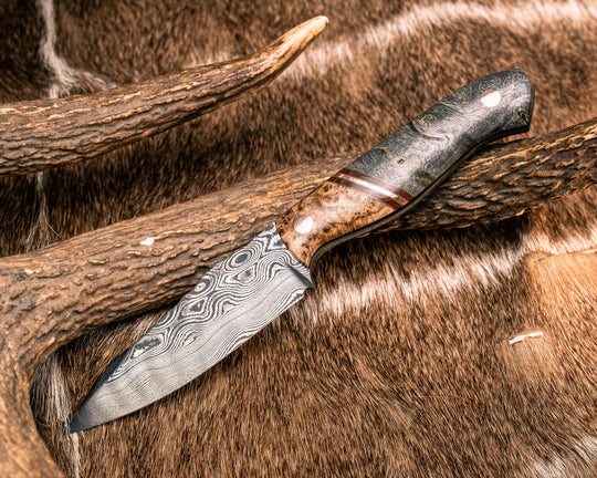 Field Knife Jr- Baker Forge Raindrop Damascus- Black Ash Burl, OD Green G10, Natural Micarta and Copper Split, Buckeye Burl, Copper Pins, Smooth Grip