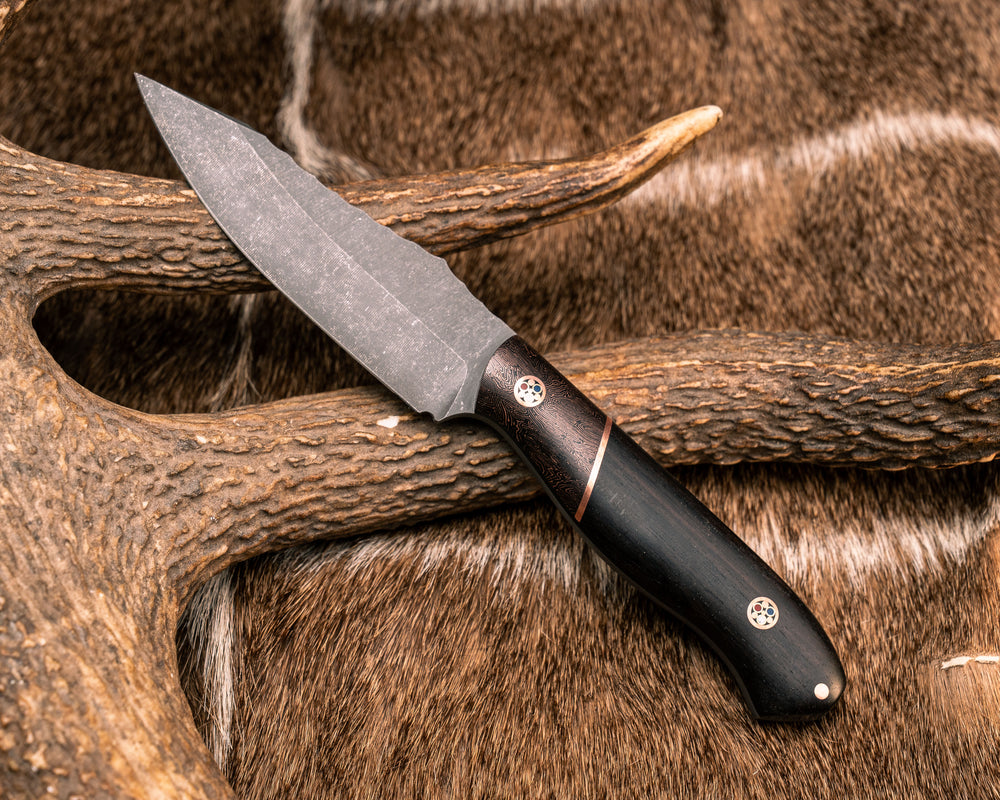 Field Knife Jr- Copper Coral Carbon, Copper Split, African Blackwood, Patriot Mosaic Pins, 1/8" Copper Pin, Smooth Grip