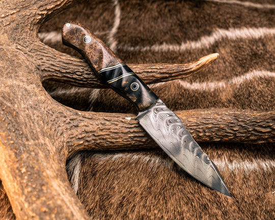Field Knife Jr- Baker Forge Ripple Damascus, Black And White Ebony, Brass, Black G10 and Aluminum Pin Striping, Bison Horn Split, Chechen, Mosaic Pins, Textured Grip