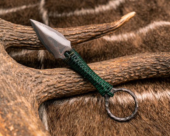 Ringstrike - Baker Forge CopperMai Raindrop Damascus, Green Leather Wrap