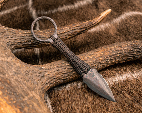 Ringstrike - Baker Forge CopperMai Raindrop Damascus, Tan Leather Wrap