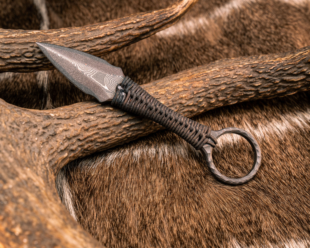 Ringstrike - Baker Forge CopperMai Raindrop Damascus, Tan Leather Wrap