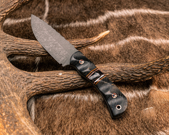 Cav Jr- Dyed Black Ash, Natural Micarta, Black G10 and Copper Pin Striping, Black with Copper Web Tru-stone Split, Patriot Mosaic Pins, Copper Lanyard Pin, Textured Grip