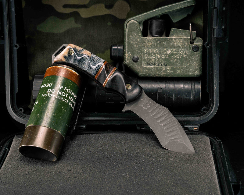 Buteo- African Blackwood, Black G10, Brass, Natural Canvas Micarta and Copper Pin Striping, Brown Canvas Micarta Split, Dyed Giraffe Bone, Mosaic Pins, Textured Grip