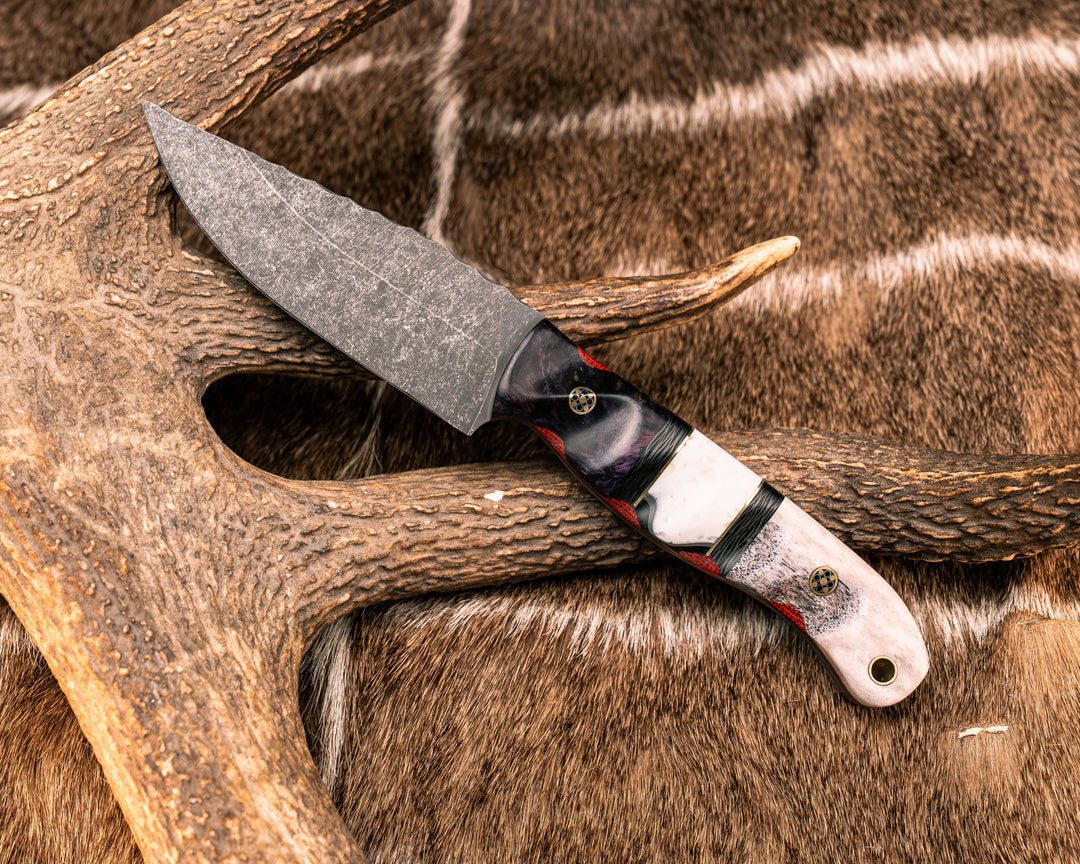 Crow Jr- Dyed Maple, Carbon, Brass and White Resin Split, CO Elk Antler Over Fire Canvas Micarta and Black G10, Mosaic Pins, Brass Lanyard Pin, Textured Grip