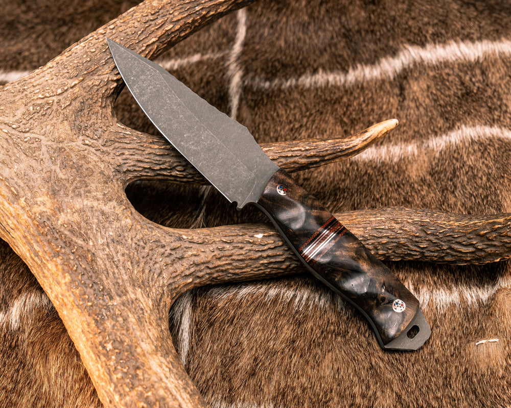 Field Knife- Mahogany, Brown Canvas Micarta, Black G10, Copper and Cherry G10 Pin Striping, Patriot Mosaic Pins, Textured Grip