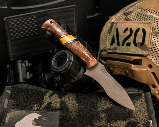 Extremis MK1- Pheasantwood, Black G10, Copper and Yellow Dino Bone Tru-stone Split, Mosaic Pins, Copper Lanyard Pin, Smooth Grip