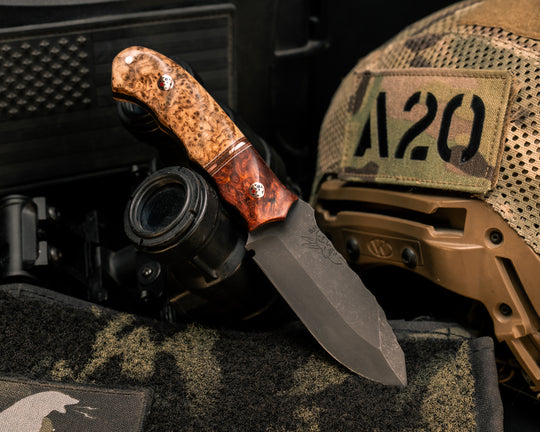 Disaster Cub- Amboyna Burl, White G10, Natural Canvas Micarta and Copper Split, Black Ash Burl, Patriot Mosaic Pins, Copper Pin, Textured Grip