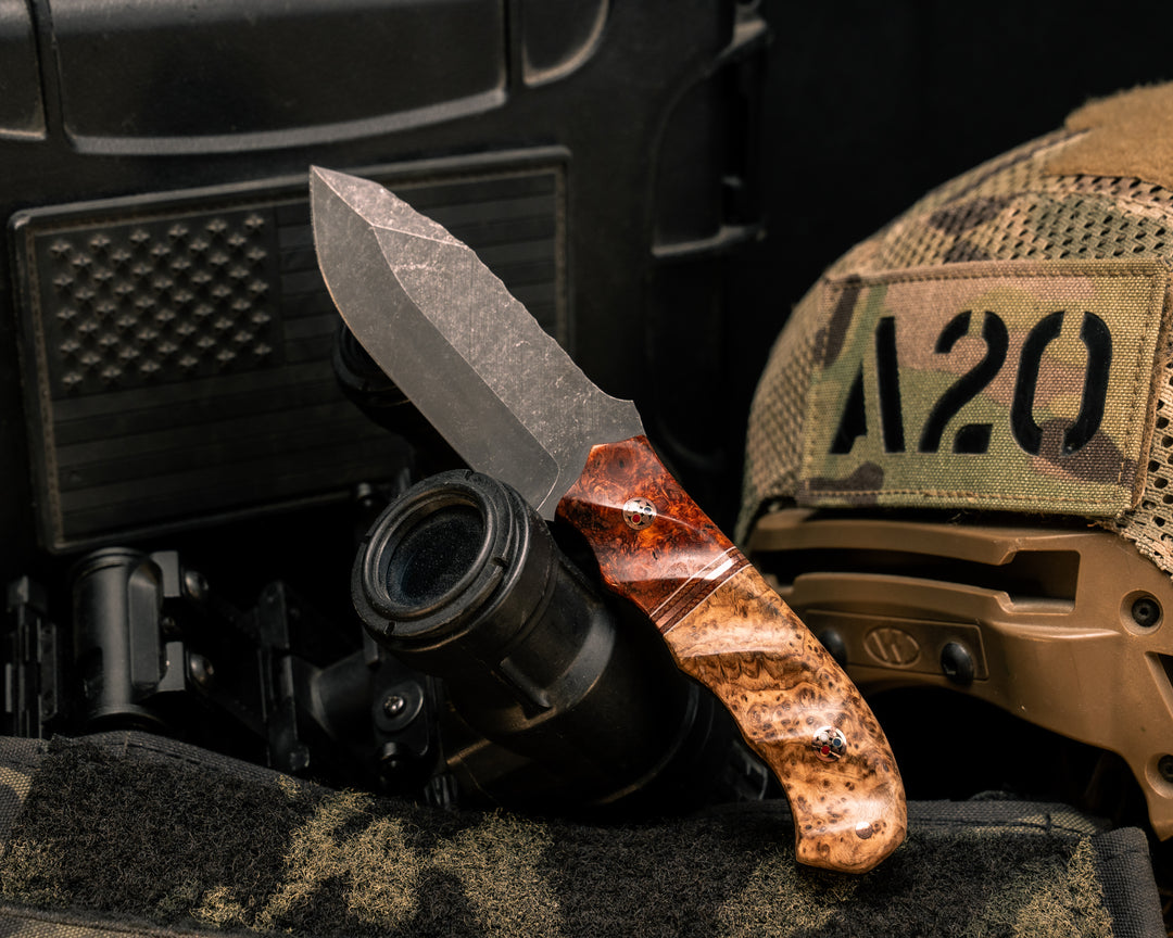 Disaster Cub- Amboyna Burl, White G10, Natural Canvas Micarta and Copper Split, Black Ash Burl, Patriot Mosaic Pins, Copper Pin, Textured Grip